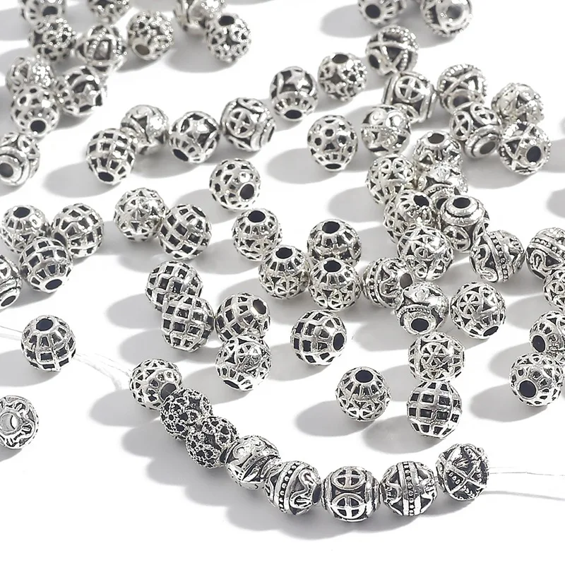 6mm 20Pcs Antique Silver Spacer Beads Hollow Round Bead Alloy Bracelet Necklace Pendant DIY Retro Style Jewelry Accessories