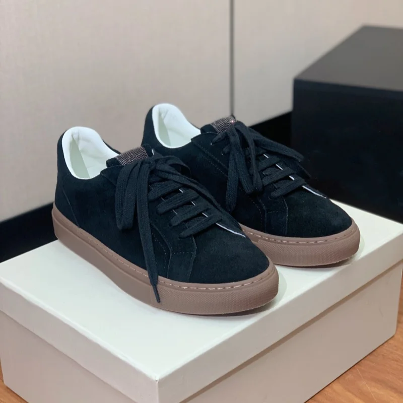 New thick sole with increased lace up, super soft and comfortable suede flat bottom lace up casual board shoes for women