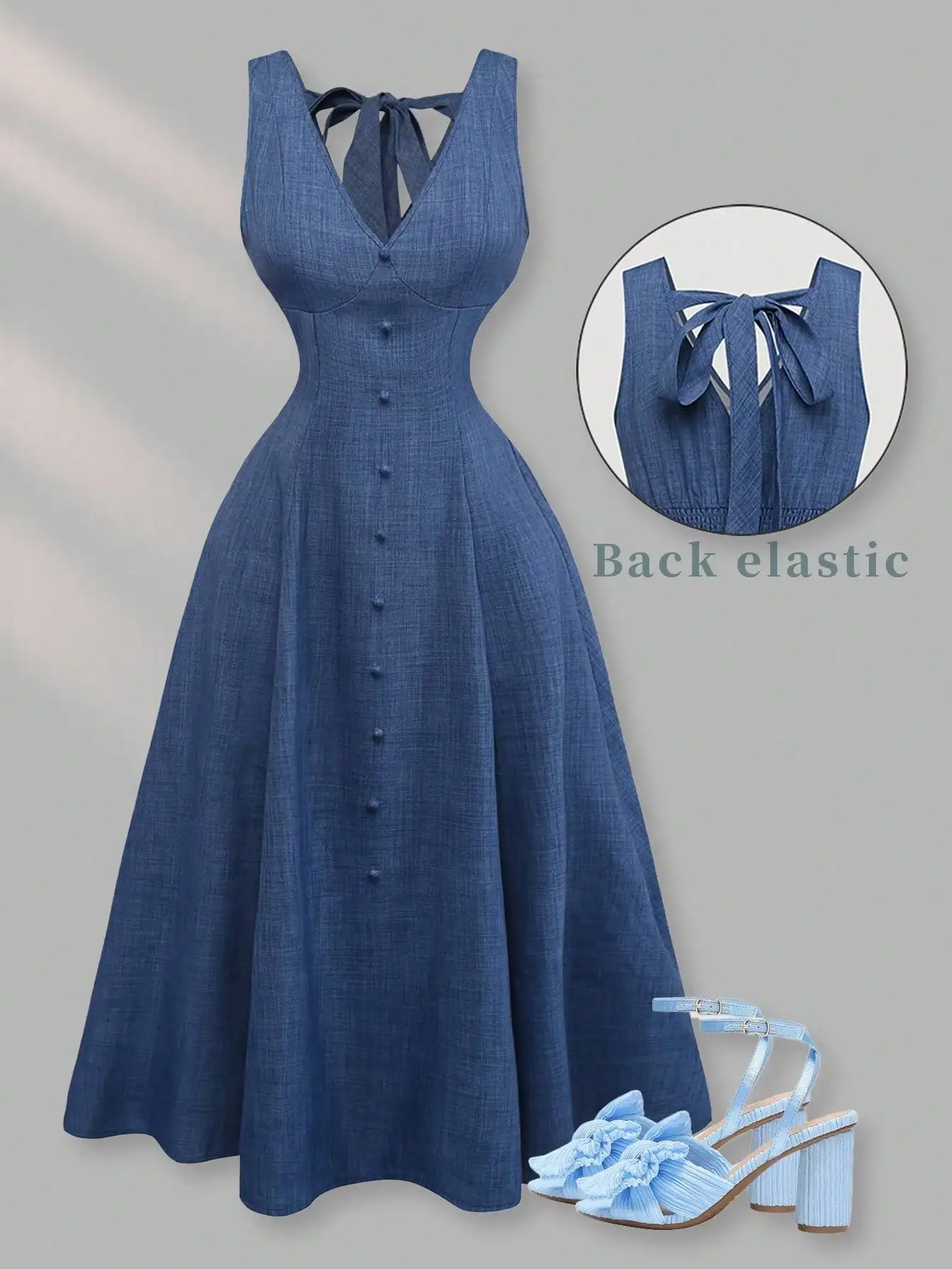 

Синее льняное платье миди А-силуэта с V-образным вырезом, без рукавов, на пуговицах спереди и с завязками сзади