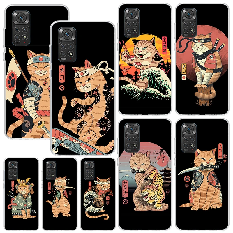 Ramen Sushi Samurai Tattoo Cat Phone Case For Xiaomi Redmi Note 13 12S 11S 10S 12 11E 10 Pro Plus 11T 9S 9 8T 8 7 Art Fundas Bac