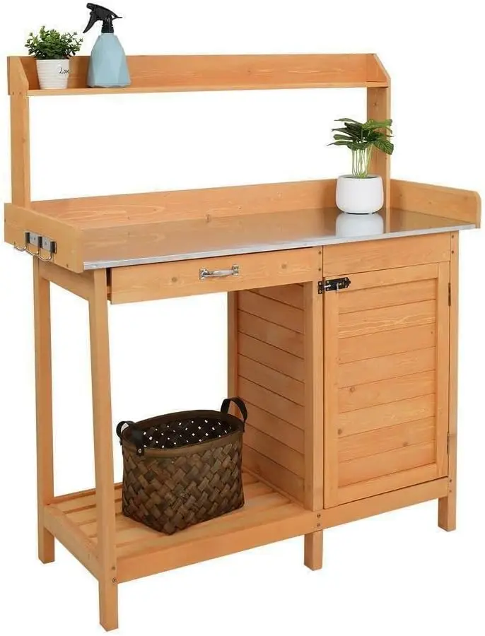 Multi-Purpose Garden Wooden Potting Benches Work Tables W/Door Open Cabinet Shelf Storage Room Garage, Indoor Outdoor Patio