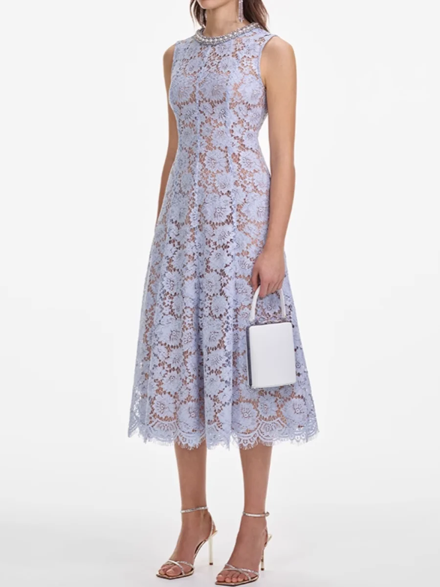 

Flower Embroidery Women Tank Dress Summer Diamond Decoration Round Neck Sleeveless Elegant Slim Robe