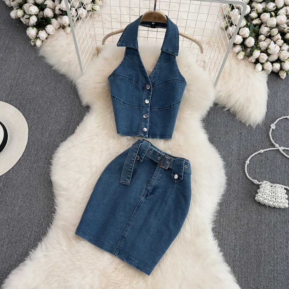

Fashion Ladies Jeans And Top Set Girls Halter Neck Backless Sleeveless Short Denim Top Two-piece High Waist Bodycon Mini Skirt