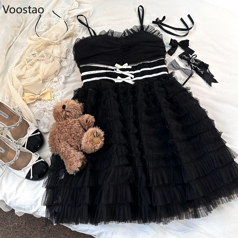 

Sweet Elegant Lolita Style Mini Dress Women Kawaii Cute Bow Ruffles Princess Cake Dresses Korean Female Gothic Party Fairy Dress