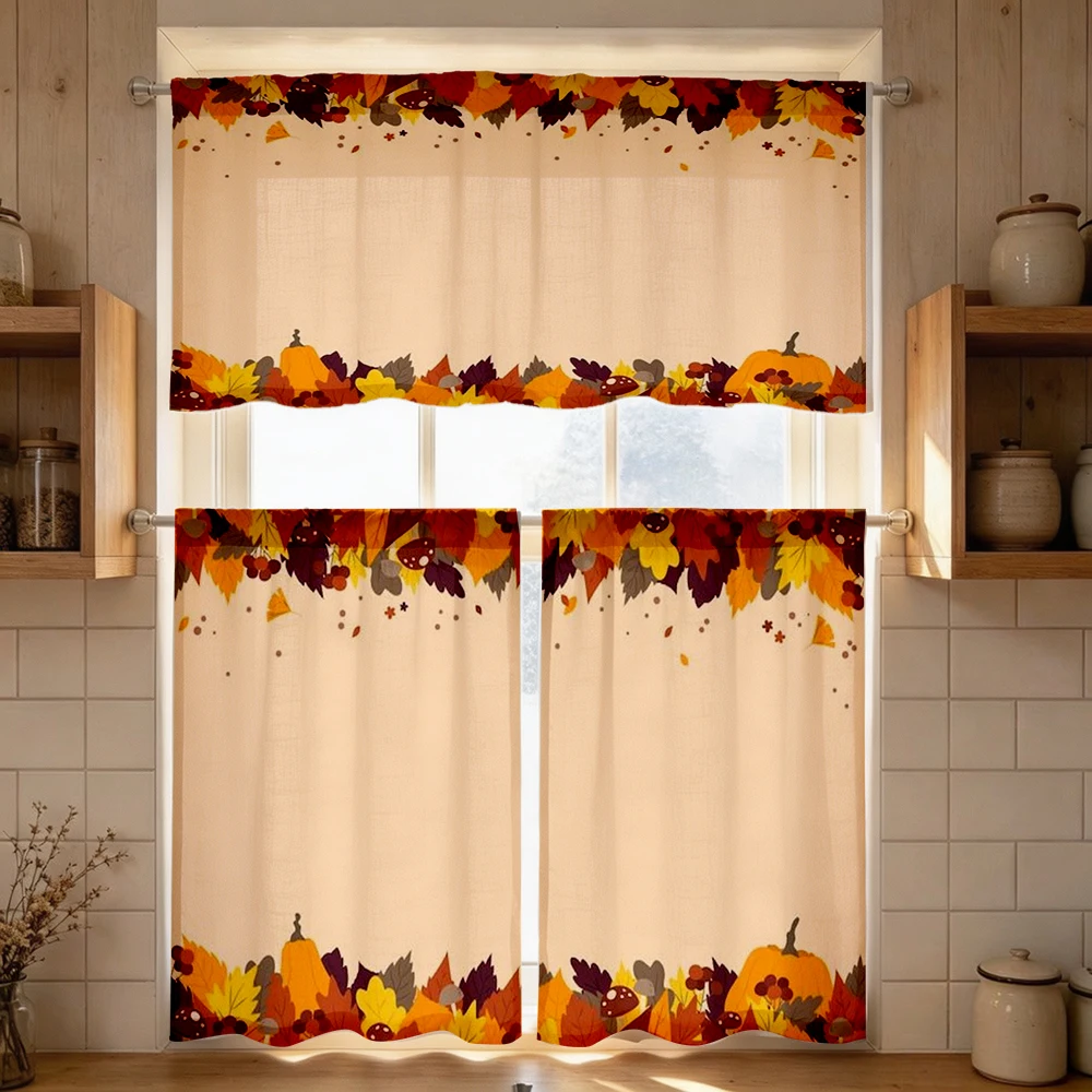 Thanksgiving Fall Kitchen Curtains, Mushroom Pumpkin, Digital Print, Kitchen Dining Room, Rod Pocket Polyester, Home Decor