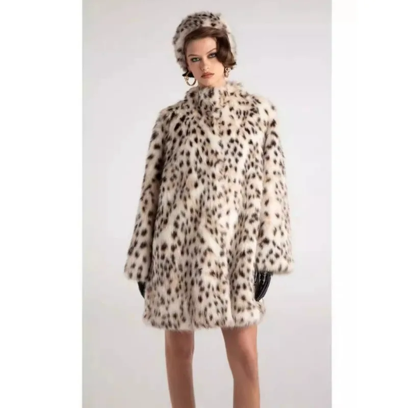 Fashion Lady Fur Coat Warm Faux Fur Coat Women's Winter Thick Cardigan Suit Collar Leopard Print Outerwear Korean Jacket Loose