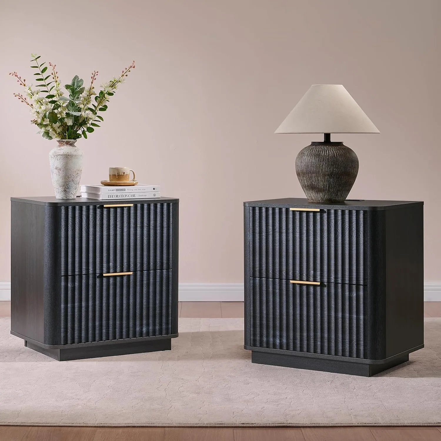 2PCS 23Inch Wide Fluted Wood Nightstands With Charging Station Interior Furniture Mid Century Modern Bedroom Bedside Customized