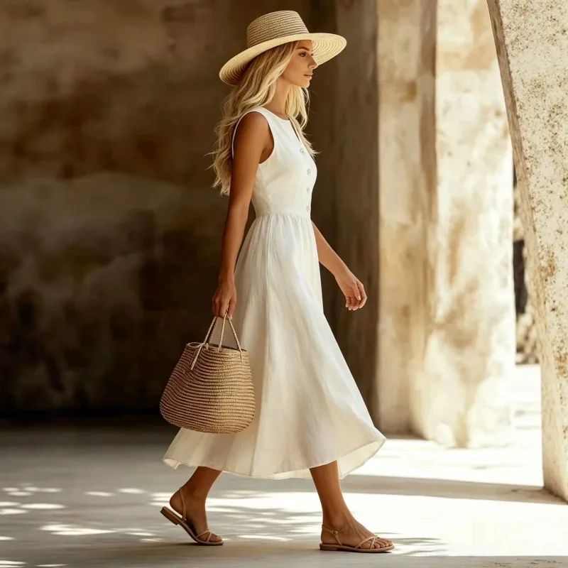 This Is A Classic Elegant Refined Style Comfortable, Sleeveless V-neck Single-breasted French  Slimming Dress for Women's Summer