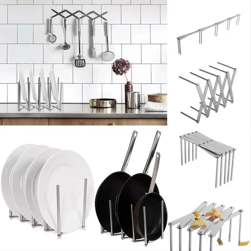 

1PC Kitchen Storage Tray Extended Stainless Steel Pot Lid Folding Telescopic Integrated Molding Plate Holder