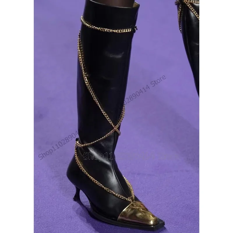Gold Kette Dekor Schwarz Metall Kappe Stiefel Seite Zipper Frauen Schuhe Kitten Heel Runway Roman Mode Sexy 2023 Zapatos Para Mujere