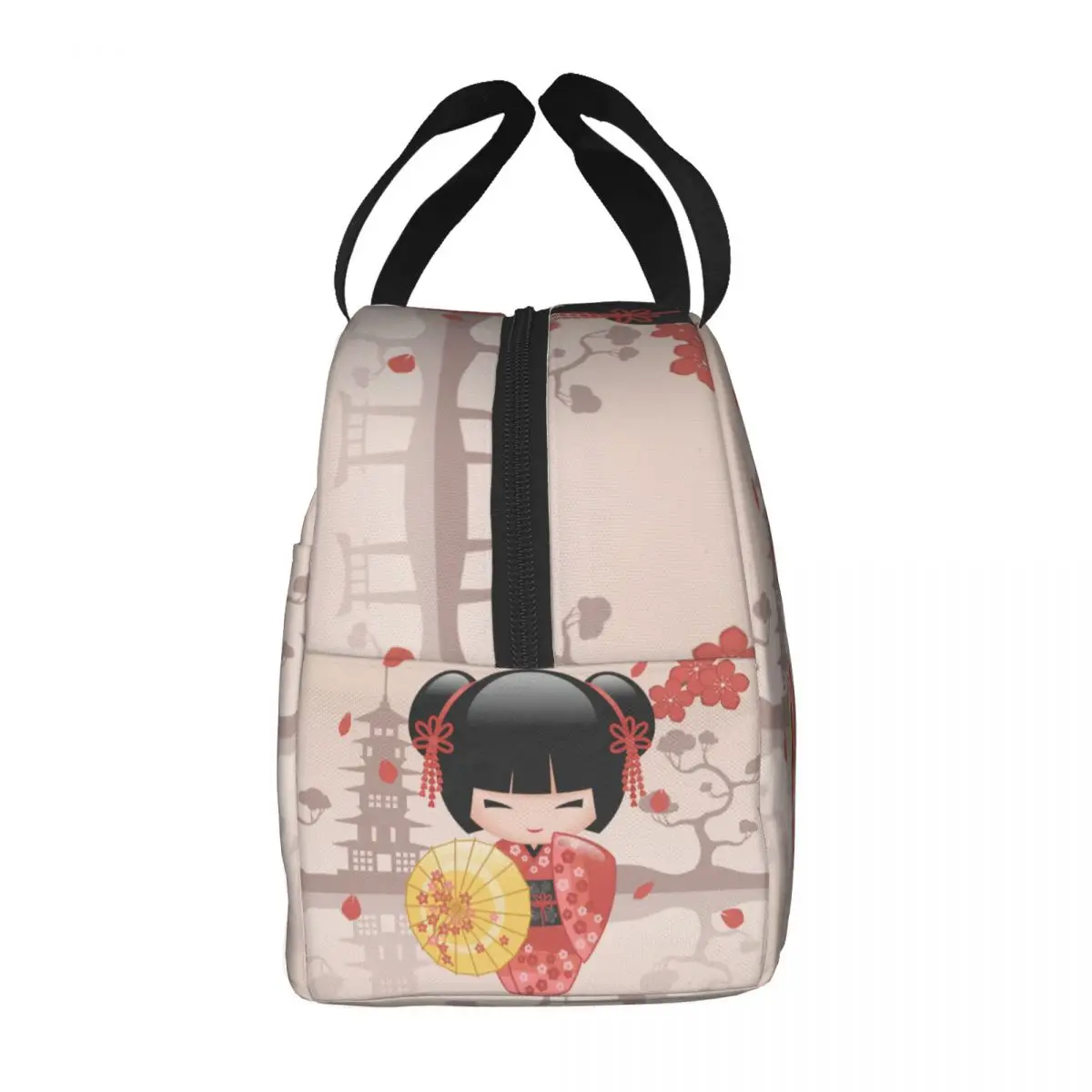 Kokeshi Doll Cherry Blossoms Lunch Bag Portable Cooler Thermal Insulated Lunch Box for Kids School Storage Food Bento Box