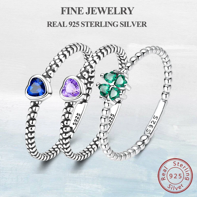 

New Rings 100% 925 Sterling Silver Vintage Dew Pearl Blue Heart Four-Leaf Clover Ring For Women Wedding Engagement Party Jewelry