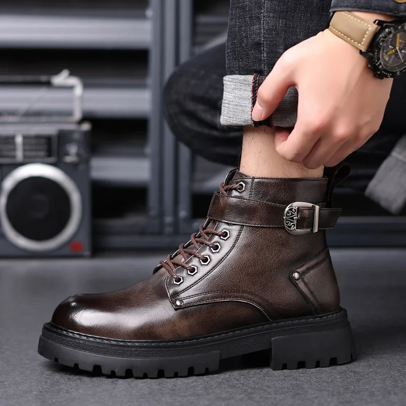 

Shoes for Male 2023 Brand Belt Buckle Men's Boots Fashion Side Zipp Retro Round Toe New Metal Decoration Ankle Boots Zapatos