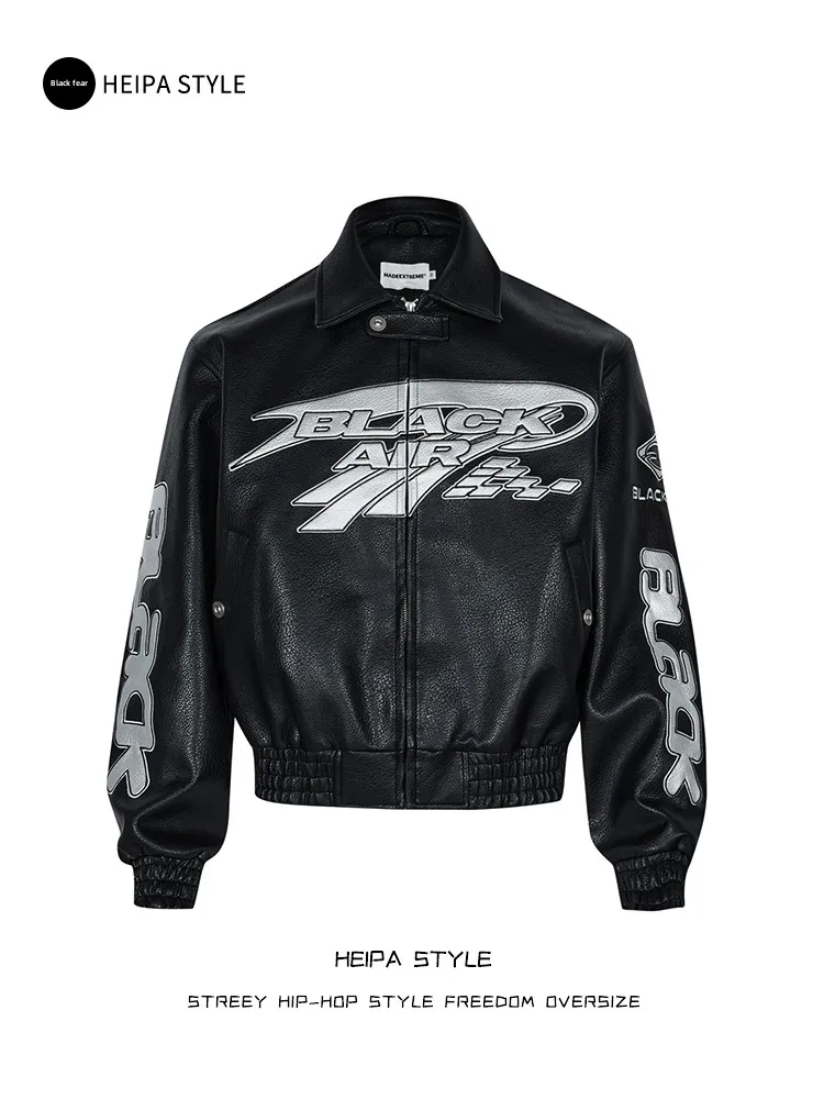 

Кожаная куртка в стиле американского хип-хопа для байкеров, утепленная, с вышивкой, для пар, молодежная, в стиле High Street, бейсбольная куртка