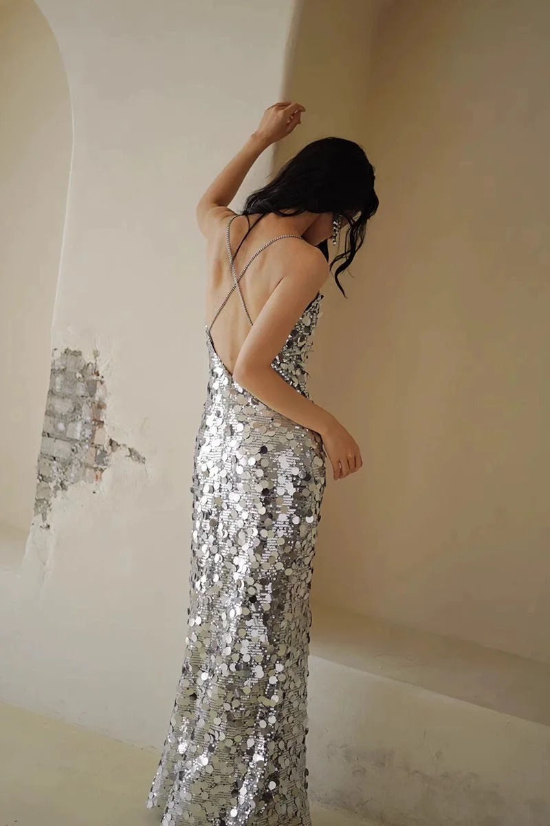 Silver Celebrity Dresses Ribbon Mermaid Shiny Sequins Sexy Backless Red Carpet Anniverasry Meeting Cocktail Party Evening Gowns