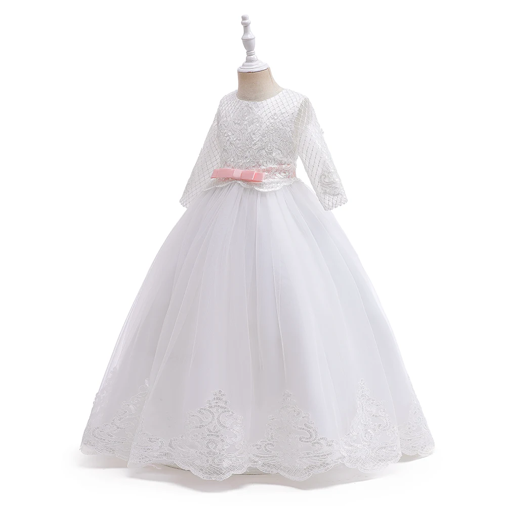 Elegant White Tulle Girls Dress Formal First Communion Princess Kids Party Dress For Girl Bow Wedding Bridemaid Evening Costume
