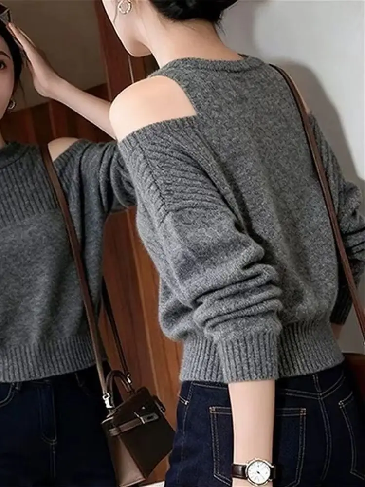 Off Shoulder Sweater Pullover Women's Casual Gray Sweater Solid Color Knitting All-matched Long Sleeve Female Elegant Short Tops