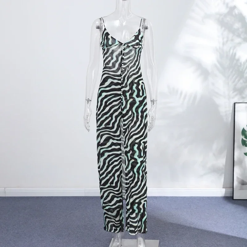Sexy Zebra-Gestreiftes Langarm-Oberteil und Schlaghosen-Set für Damen, Schlanker V-Ausschnitt Einreihige Weste, 2-teilig, Sommer 2026 Strand-Urlaubsoutfit – Detail 1