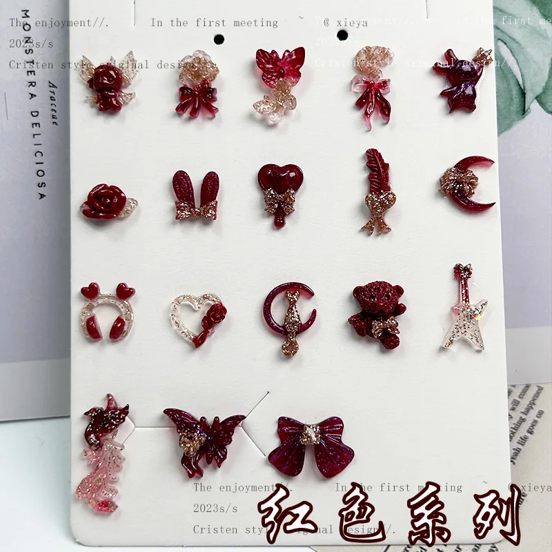 20pcs Cools Wine Red Nail Art Accessories Lumionus Camellia Butterfly Knot Nail Charms Bulk Flatback Resin Nail Rhinestones DIY