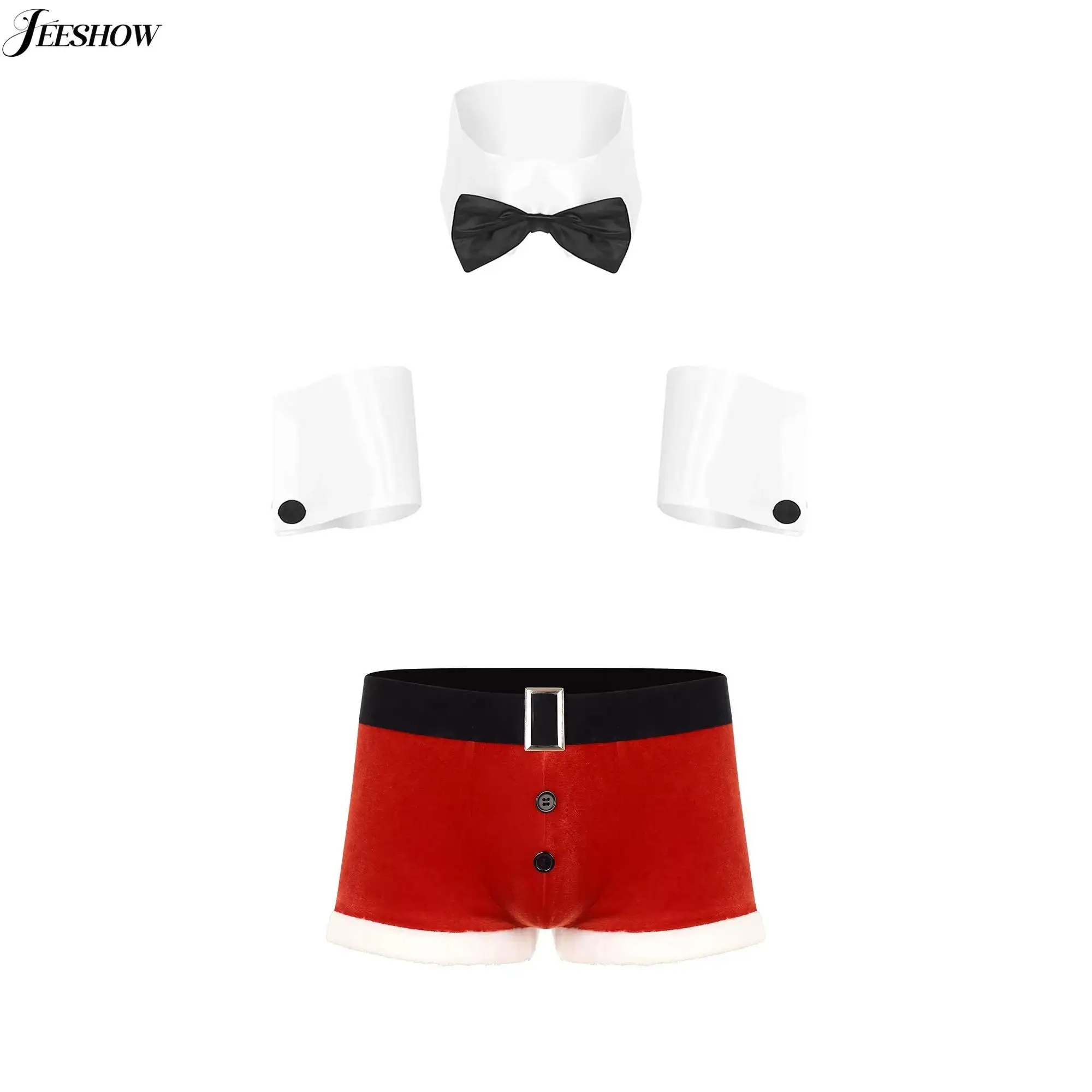 Mens Sexy Christmas Costume Gentleman Cosplay Underwear Sets Velvet Boxer Briefs with Collar Cuffs Outfits Santa Fancy Dress