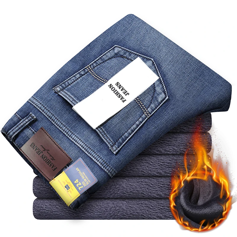 Brand Men's Jean Winter Below zero Warmth Business Casual Mens Plush Jeans Fashion Classic Fleece Work Velvet Warm Denim Pants