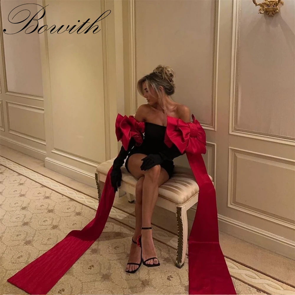 

Bowith Sexy Mini Party Dresses Contrast Color Detachable Bow Gloves Christmas Cocktail Dress Short Customized Formal Gowns