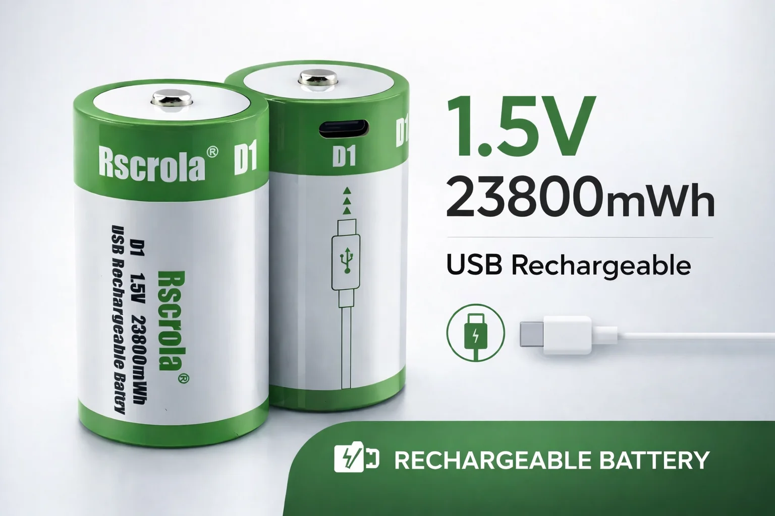 D Size 1.5V 23800mWh Rechargeable Battery, Type-C Fast Charging, Long Cycle Life for Flashlight, Radio, Toys, Emergency Light