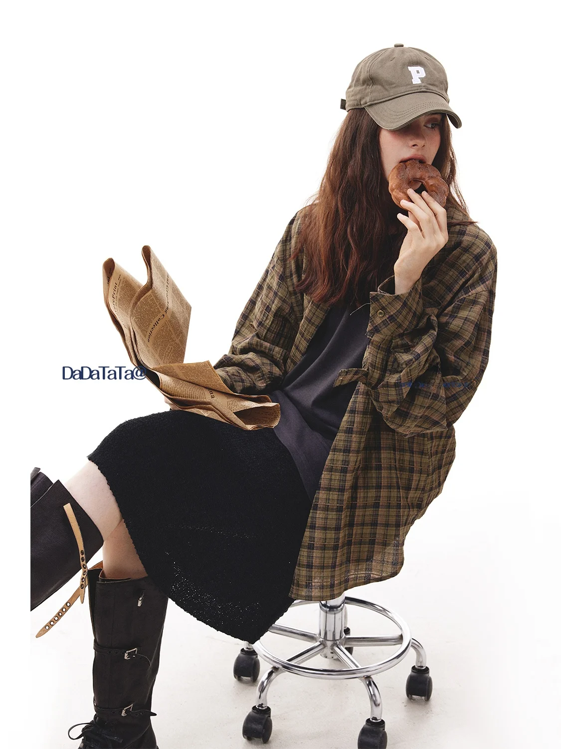 

JGGU Crystal Label Long Sve Loose Women's irt Sydney ternoon Color Blo Plaid Outerwear Casual Sle Cotton Blend