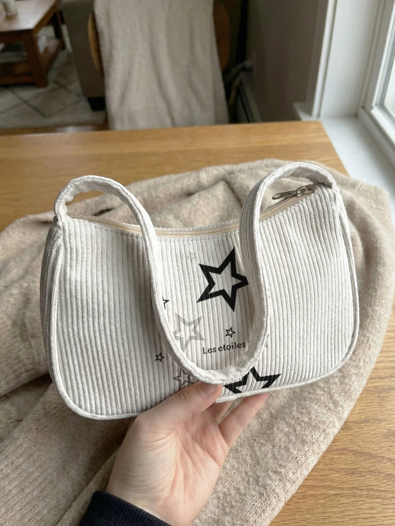 Trendy Star Print Shoulder Bag, Beige Corduroy Underarm Bag for Daily Casual Use