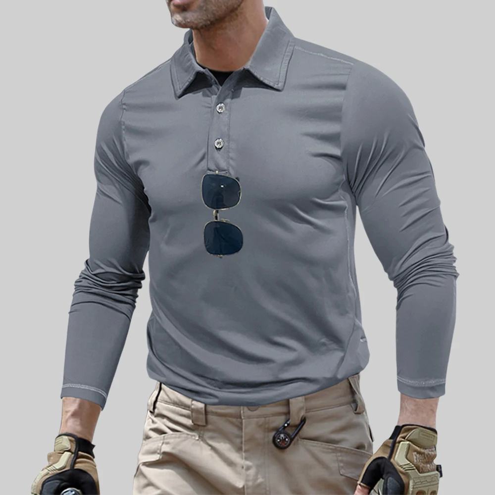 Camisetas tácticas deportivas de manga larga con solapa para hombre, camiseta de entrenamiento al aire libre para Fitness, camisetas de secado rápido para senderismo, ropa para hombre