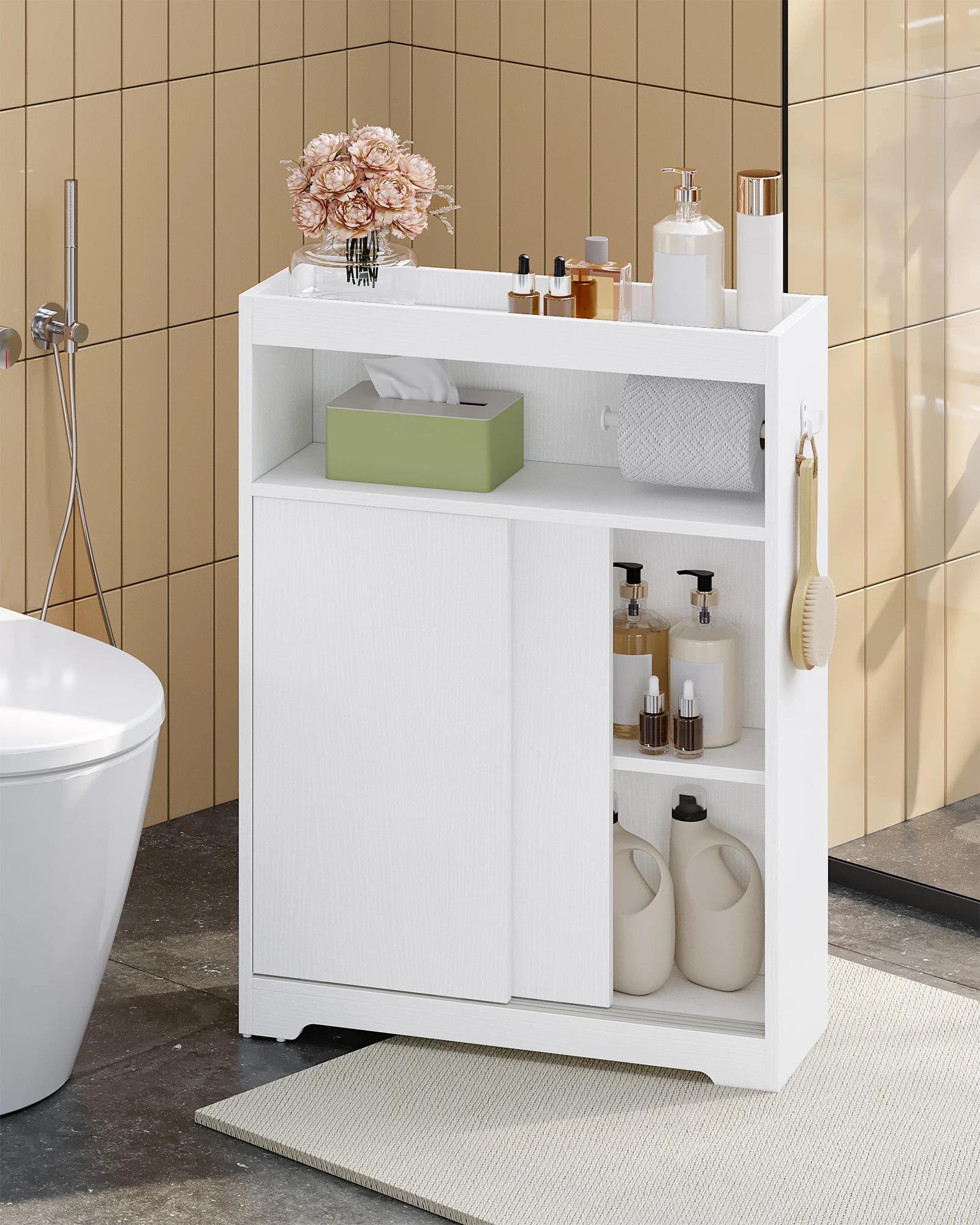 Armoire de salle de bain, armoire encastrée, armoire de salle de bain peu encombrante avec porte-papier hygiénique et crochets, porte coulissante, étagère réglable