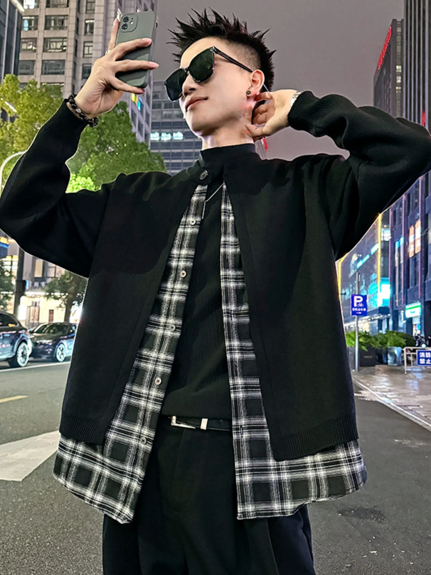 

Мужской вязаный кардиган-жакет с имитацией двухслойности, в клетку, осенне-зимний, модный, в стиле ретро, американский стиль, с длинными рукавами, повседневный