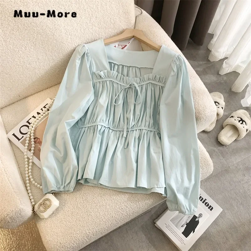 2024 Atumn Fairy Sweet Style Square Collar Solid Lace-up Puff Sleeve T-shirts Women's Elegant Causal Loose Fit Soft Tees Top