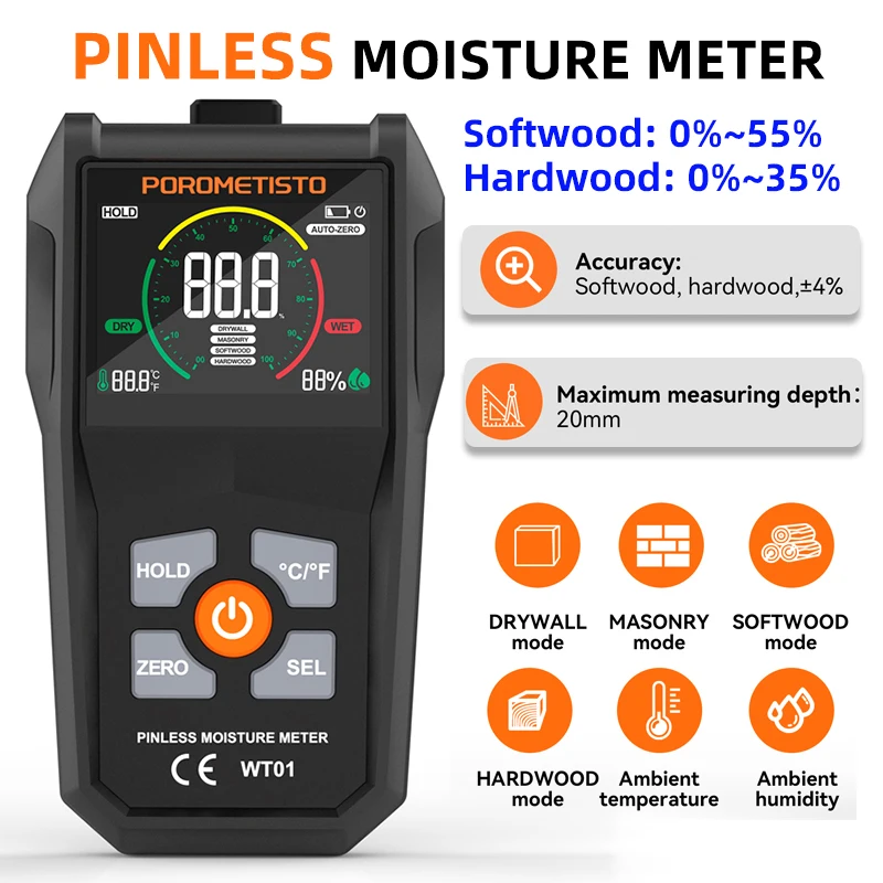 

Pinless Moisture Meter Wood Humidity Tester Damp Meter for Floor,Wood, Walls, Concrete Non-Destructive Testing Moisture Meter