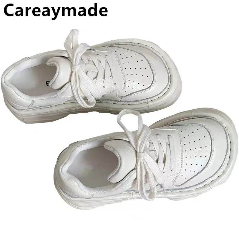 Careaymade-Sapatos de sola grossa retrô artesanal de couro genuíno para mulheres, sapatos de sola grossa, dedo do pé largo, feio e bonito, sapatos