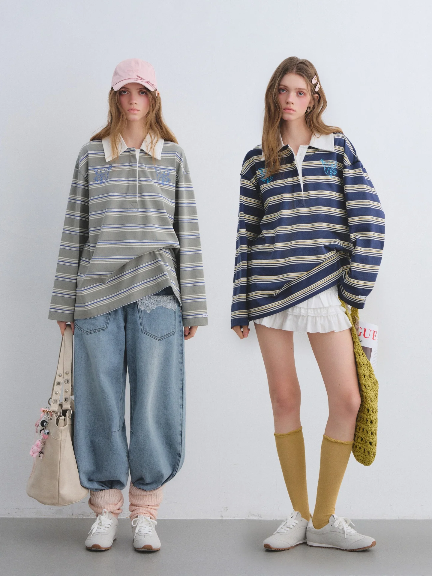 

AsGony American College Sle Long Sve Embroidered Loose Casual irt Women's Stripe Pattern Collar T-irt