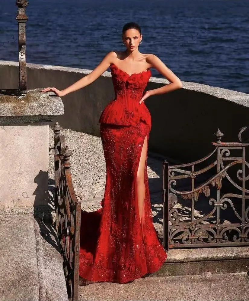 Magnifique robe de soirée florale 3 D, longue, rouge, Sexy, fente haute, appliques de perles, robes de bal transparentes, épaules dénudées