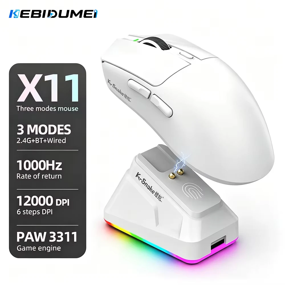 KEBIDUMEI X11 PAW3311 Tri-Mode Wireless Mouse 12000 DPI Gaming Mouse RGB Touch Magnetic Charging Base Bluetooth /2.4G/Wired Mice
