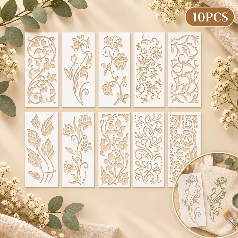 10Pcs Floral Border Stencils Reusable PET Stencils for Painting Rose Vine Pattern Craft Templates Wall Wood Fabric DIY Decor