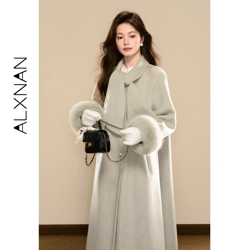 ALXNAN Luxury Long Woolen Coat Women Double Face Fabric Detachable Fur Cuffs Scarf Tie Collar Loose-fit Winter Outerwear L58302
