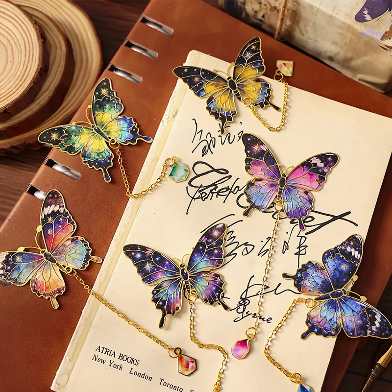 Colorful Butterfly Brass Bookmark with Tassel, Starry Sky Floral Metal Book Marker, Vintage Art Book Lover Gift Reading Supplies