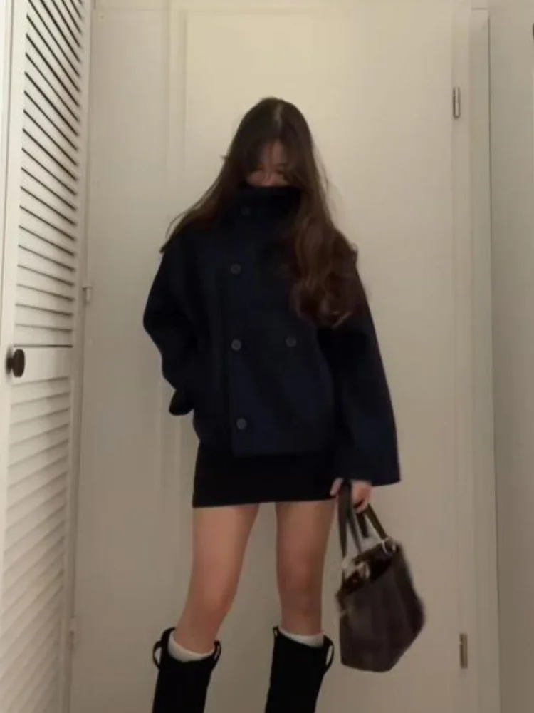 Elegant Women's Coat High Stand Collar Full Sleeve Double Breasted Solid Female Coats 2025 Autumn Fashion High Street Lady Top