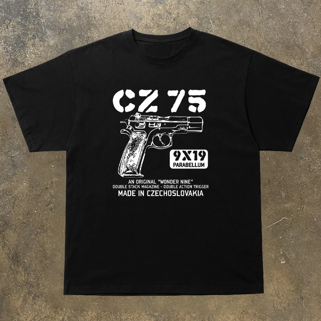 

Retro CZ75 Pistol Print Prints Men Clothes Fashion T-Shirts Streetwear 100% Cotton Loose Tops Breathable Tee Military Enthusiast