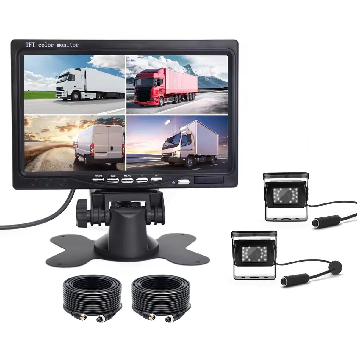 iPoster 7 Inch IPS Screen Qaud Monitor Split Screen 12v 24v 2x 4PIN Rear View Reversing Cameras CCD Sensor IR LEDs Night Vision IP68 Waterproof Metal Case Heavy Duty 2x 10m For Truck Rv Caravan Trailer