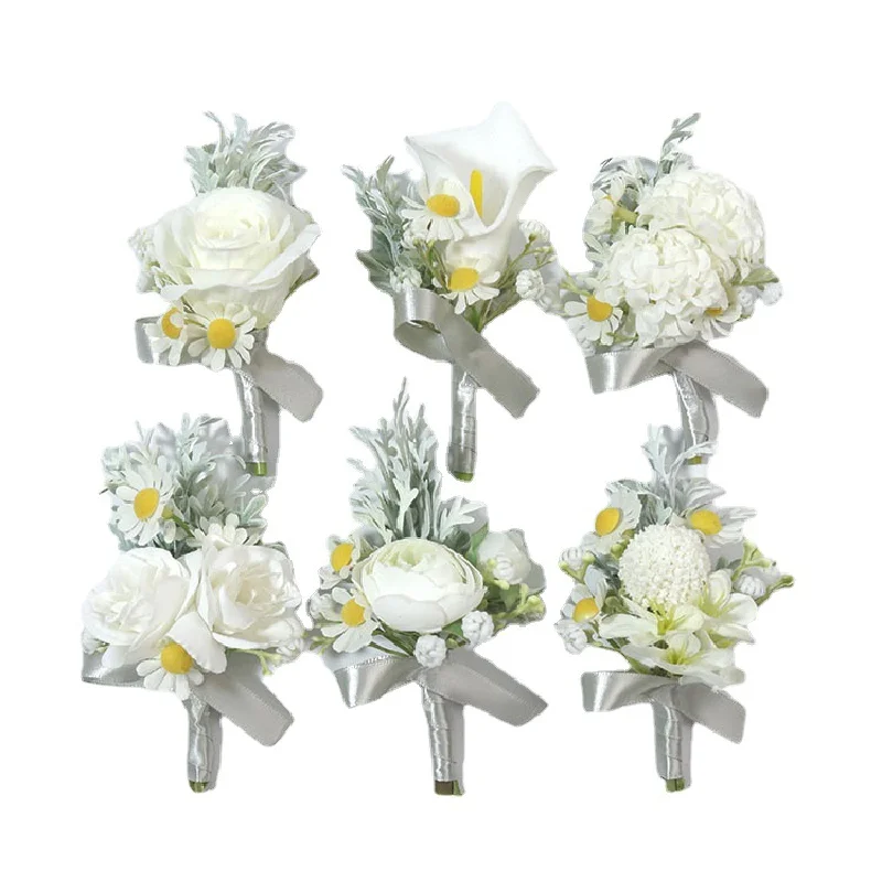 Boutonniere e pulso Corsag para convidados, flores simuladas, prata e margaridas brancas, suprimentos do casamento, banquete suprimentos, 351