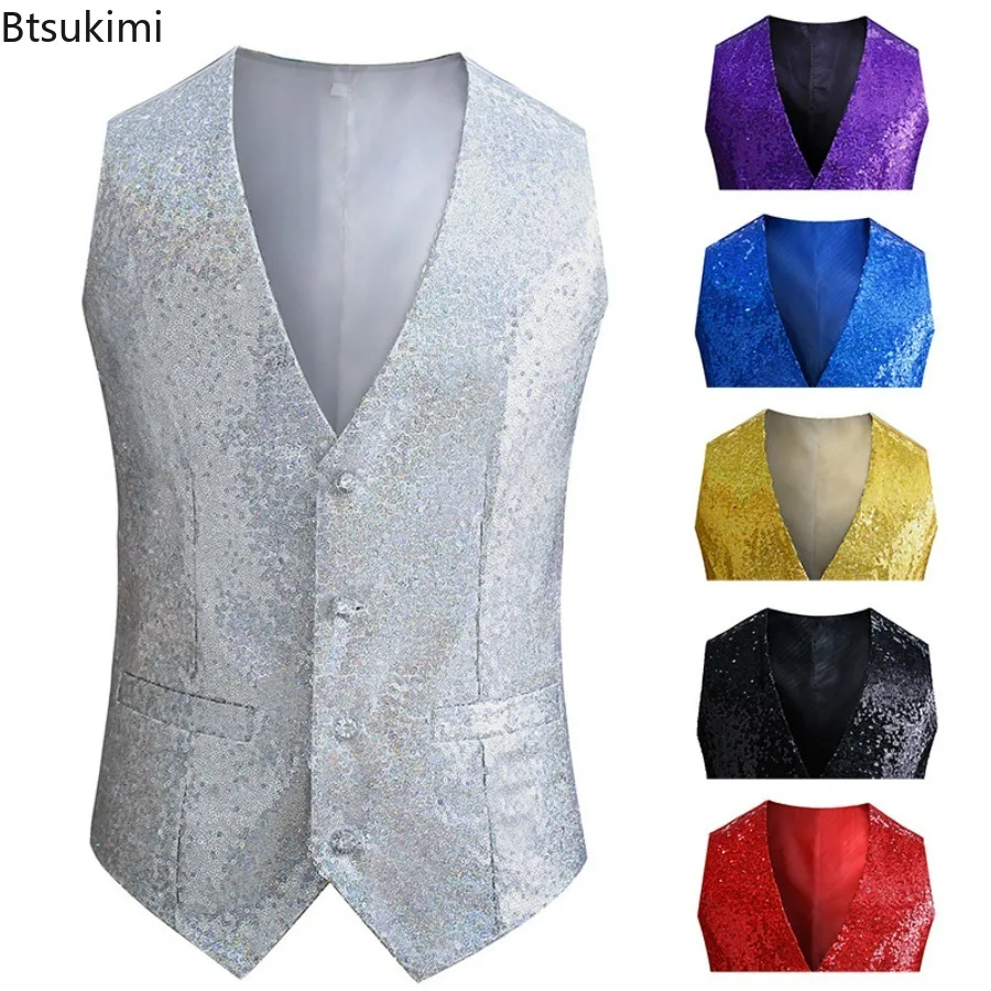 2024 Men's Sequin Blazers Vest Gliter Suit Vest Nightclub Dj Stage Clothes Shiny Gold Sequin Bling Glitter Party Vest Tops Male