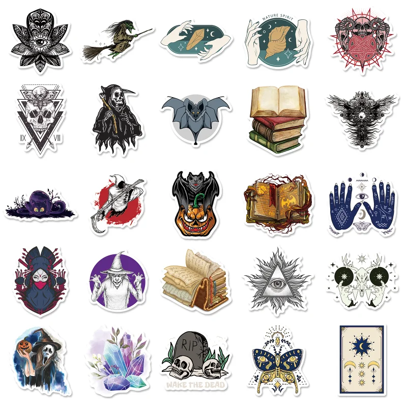 10/25/50pcs Witch Magic Book Stickers Graffiti Flower Black Horror for Scrapbook Notebook Guitar Laptop Pad Phone