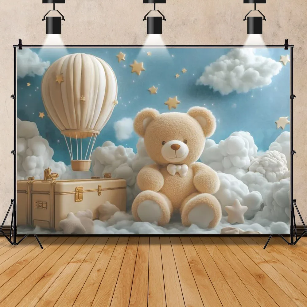 Miś Baby Shower Backdrops Hot Air Balloon Star Boy 1st Birthday Party Decor Photography Background Photo Studio Props