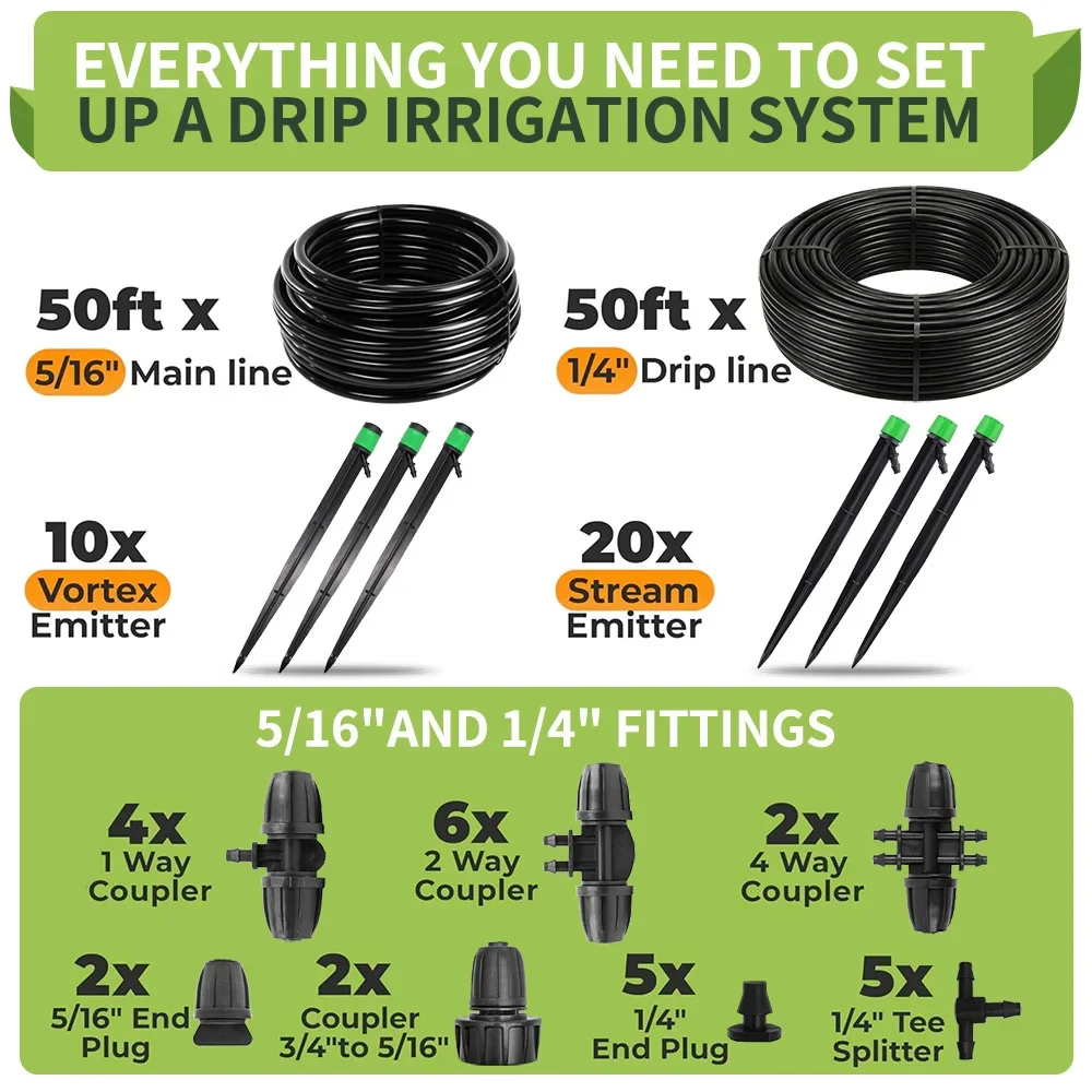Premium Adjustable Complete Drip Irrigation System for Garden Featuring Drip Emitter with 5/16 Inch and 1/4 Inch Irrigation Tube