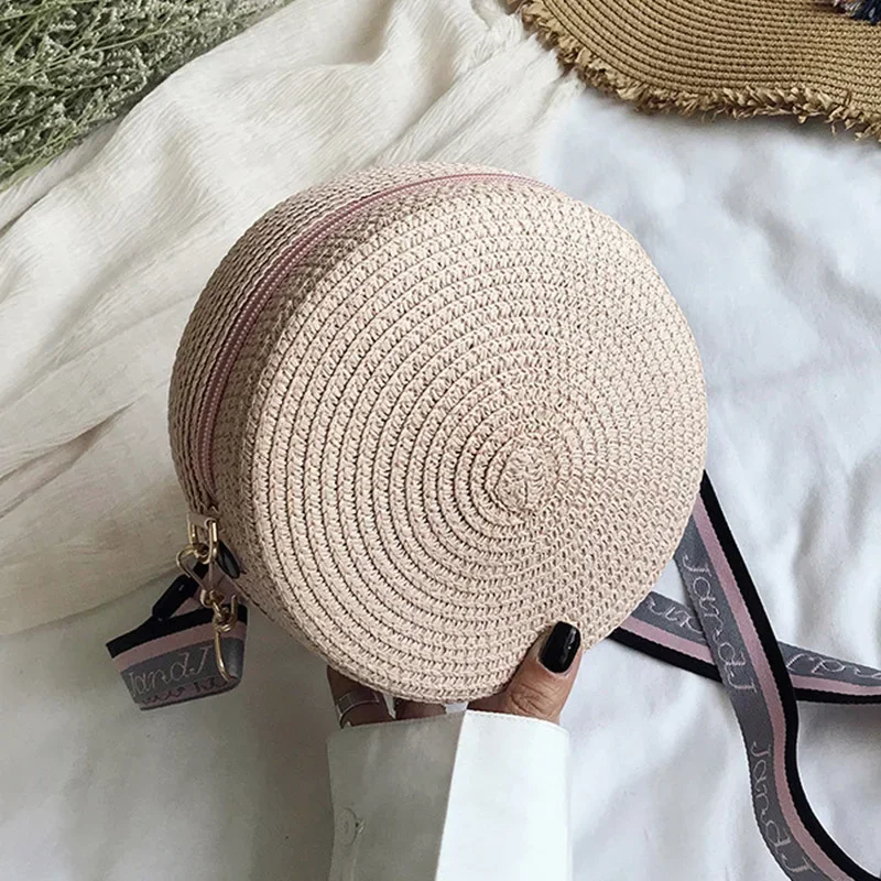 Summer Beach Small Shoulder Bags For Women Handmade Straw Circular Shape Crossbody Bag Purse Wide Strap Messenger Handbag